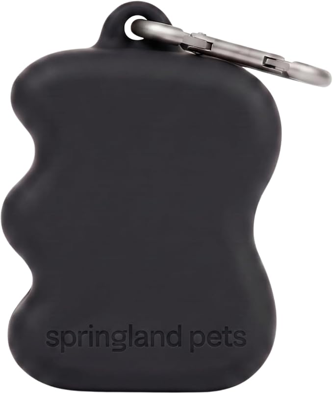 Springland Silicone Dog Training Treat Pouch for Leash, Black | One-hand squeeze dispenser, food-grade silicone, BPA-free, carabiner included, easy-fill holder for rewards on the go