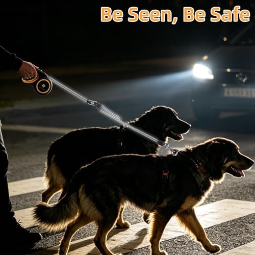 KOOLTAIL Dual Retractable Dog Leash for Two Dogs Up to 110 Lbs, Heavy Duty Double Headed 16 ft Extendable 360° Tangle-Free One Button & Lock Leash Shock Absorbing Bungee for Small Medium Large Dogs