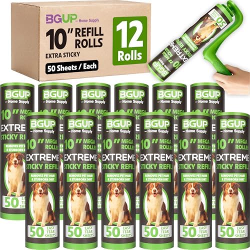 10 Inch Lint Roller Refills, 12 Rolls 600 Sheets Large Lint Rollers for Pet Hair Extra Sticky, Easily Remove Carpets, Clothes, Couch and Curtains Dust (Not Include Lint Roller Handle)