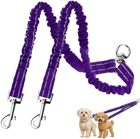 MingXpet 2 Dog Leash, Dog Leash for 2 Dogs, 360° Swivel No Tangle Double Walking Training Leashes for Large Dogs that Pull, Comfortable Shock Absorbing Reflective Bungee, Purple