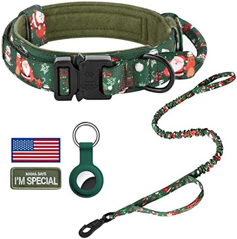 DAGANXI Tactical Dog Collar, Adjustable Military Training Nylon Dog Collar with Control Handle and Heavy Metal Buckle for Medium and Large Dogs, with Patches and Airtags Case (XL, Christmas green-SET)