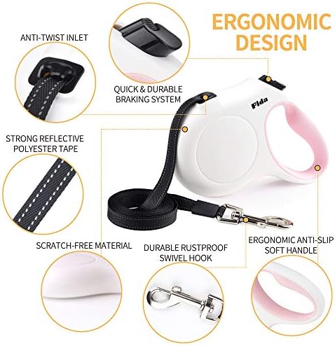 Fida Retractable Dog Leash with Dispenser and Poop Bags, 16ft, White & Pink