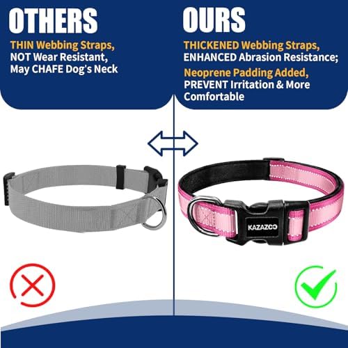 Kazazoo Large Dog Collar, Reflective Nylon Collar,No Pull,Heavy Duty Collar,Soft Neoprene Breathable & Quick Release Buckle Dog Collars for Labrador Retriever,German Shepherd,Golden Retriever Pink-L