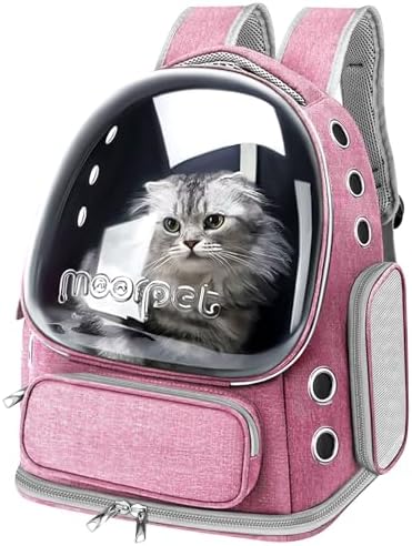 Cat Backpack Carrier, Breathable Cat Bubble Backpack Large Space Cat Carrier Backpack for Kitty Small Dog Up to 15 lbs, Foldable Airline Approved Cat Backpack, Transparent Pet Travel Backpack (Pink)