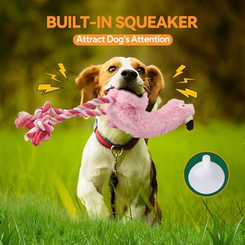 AUSCAT Plush Dog Rope Toy, Durable Squeaky Dog Toys for Puppy Small Medium Dogs, Not for Aggressive Chewers, Flamingo