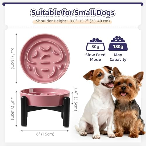 Elevated Slow Feeder Dog Bowl, 0.8 Cups Ceramic Raised Slow Feeder with Stainless Stand, 6.3 Inch Wide Lifted Dog Bowl for Small Breeds to Control Eating Speed, Pink