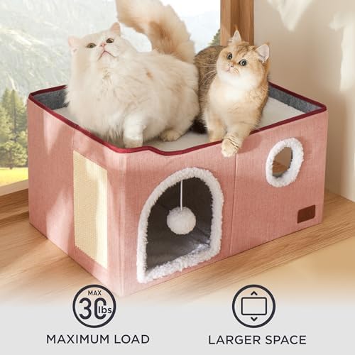 Bedsure Extra Wide Cat House Bed with Fluffy Ball and Scratch Pad,Pink