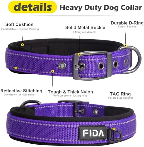 Fida Heavy Duty Dog Collar for Large Dogs with Metal Belt Buckle, Purple