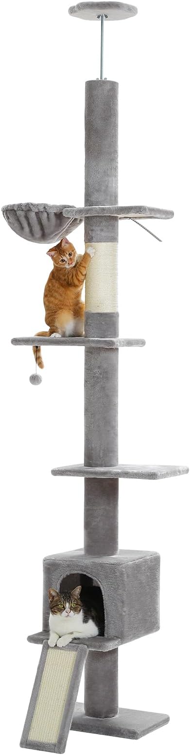 PEQULTI Floor to Ceiling Cat Tree, Adjustable 83-108in 5-Level Tower, Grey | Tension-mounted tall cat tower with 5 levels, cozy condo, hammock & sisal scratching post; wide base for indoor adult cats
