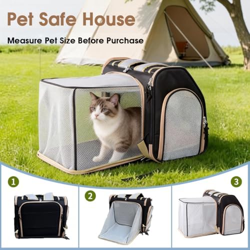 Expandable Cat Carrier Backpack, Foldable Pet Backpack for Small Dog Ferret Rabbit, Airline Approved Breathable Mesh Backpack with Sun Shade for Outdoor, Black, 16x9x13.5 Inch