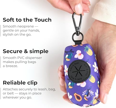 KIKI & RIKI Premium Dog Poop Bag Holder, Waste Bag Dispenser with Leash Clip, Artist-Designed Print (Designed in Georgia), Includes 1 Starter Roll of Bags, Fits Standard Rolls, Purple (Tropical Vibes)