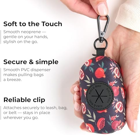 KIKI & RIKI Premium Dog Poop Bag Holder, Waste Bag Dispenser with Leash Clip, Artist-Designed Print (Designed in Georgia), Includes 1 Starter Roll of Bags, Fits Standard Rolls, Black (Red Pomegranate)