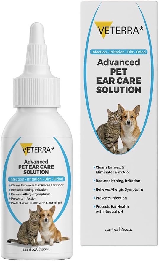 Dog and Cat Ear Cleaning Solution for Dogs & Cats – Vet Recommended Ear Cleaner, Helps Remove Wax & Odor, Supports Healthy Ears, Gentle No-Rinse Formula - 3.38 Oz - 100 Ml