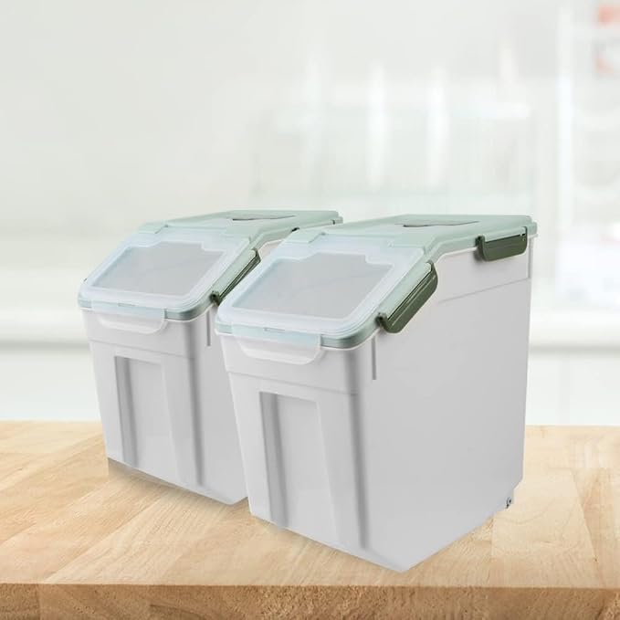 AnRui Rice Storage Container 50LB, Airtight Flour Storage Containers, Plastic Cereal Grain Dispenser Organizer Pet Food Storage Bin with Lid, Measuring Cup, Scoop, Green, 2Pcs(Total Capacity:100LBS)