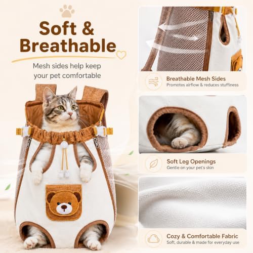 Cute Cat Carrier Backpack, Hands Free Pet Front Carrier Bag (Brown, Small)