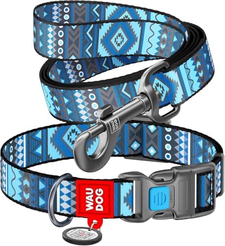 WAUDOG Adjustable Nylon Dog Collar for Large Small Medium Set with QR Tag
