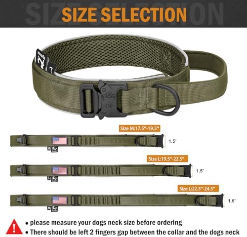 HYDEME Tactical Dog Collar, Alpine Loop Adjustable Military Training Nylon Dog Collars with Handle and Reflective for Small Medium Large Dogs, with Airtags Protective Case & Patches.(XL,OliveGreen)