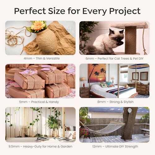Premium Brazilian Sisal Rope, Natural Fiber 100% Sisal, Ultra Durable, Chemical-Free, Ideal for DIY, Cats, Scratching Post Replacement, Home Decor, Garden, Crafting (1/4” 600 ft / 6mm 180m)