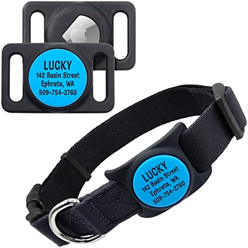GoTags Personalized Dog Collar with Custom Engraved Holder for AirTag, Adjustable Dog Collar Pet ID Tag, Silent, No Noise Dog Tag for Large Medium or Small Dogs (Black, Medium)