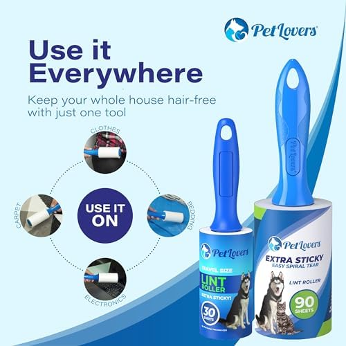 PetLovers Extra Sticky Lint Rollers Ultra Value Set 1110 Sheets, 9 Refills and 4 Travel Size Mini Rollers for Pet Hair, Dog and Cat Lint Removers