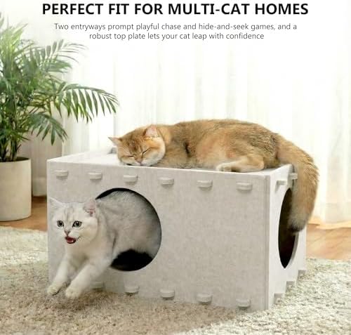 Cat House for Indoor Cats, Scratch Resistance Cat Cave Bed, Felt Peekaboo Cat Hideaway for Large & Multiple Cats Up to 22Lbs, Cream