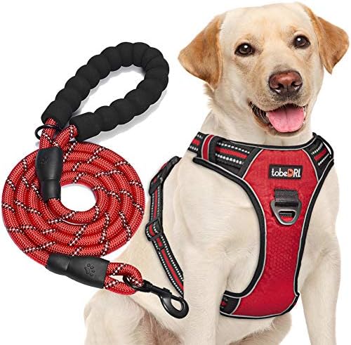 tobeDRI No Pull Dog Harness Adjustable Reflective Oxford Easy Control Medium Large Dog Harness with A Free Heavy Duty 5ft Dog Leash, Red, XL