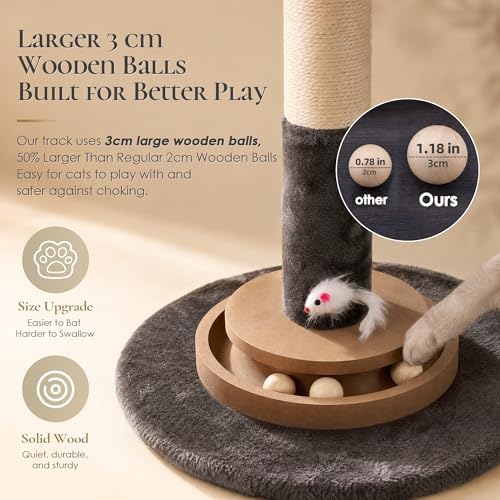 47" Cat Scratching Post, Nature Sisal Rope Cat Scratcher Tree, Durable Scratcher Post with Hanging Ball, Mouse Hole & Ball Track, 3-Layer Stable Wood Base for Large Cats & Adult Cats