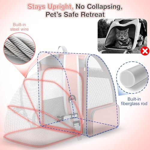 Cat Backpack Carrier for Travel: Expandable Mesh Design, Up to 15 Lbs, Pink