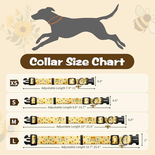 Kazazoo Dog Collar Cute and Soft Nylon Puppy Collar for Boy and Girl Dogs, Adjustable Dog Collars for Small Dogs, Bees and Sunflowers-S