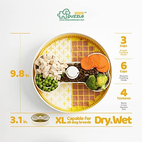 Puzzle Feeder Slow Feeder Dog Bowl, Yellow, 9.8 Inches, Nonslip, For Dry, Wet, and Raw Food, Fun and Healthy Mealtime Activity