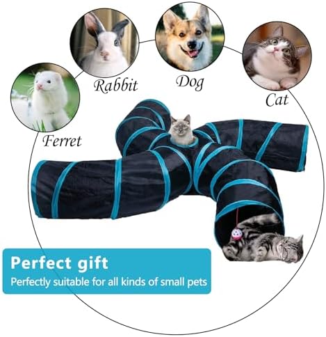 EGETOTA Cat Tunnel for Indoor Cats Large, with Play Ball S-Shape 4 Way Collapsible Interactive Peek Hole Pet Tube Toys, Puppy, Kitty, Kitten, Rabbit (S4 - Black & Blue)