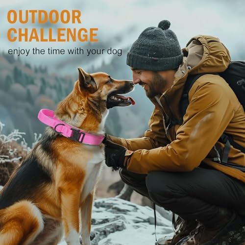 HYDEME Tactical Dog Collar, Alpine Loop Adjustable Military Training Nylon Dog Collars with Handle and Reflective for Small Medium Large Dogs, with Airtags Protective Case & Patches.(L,Pink)