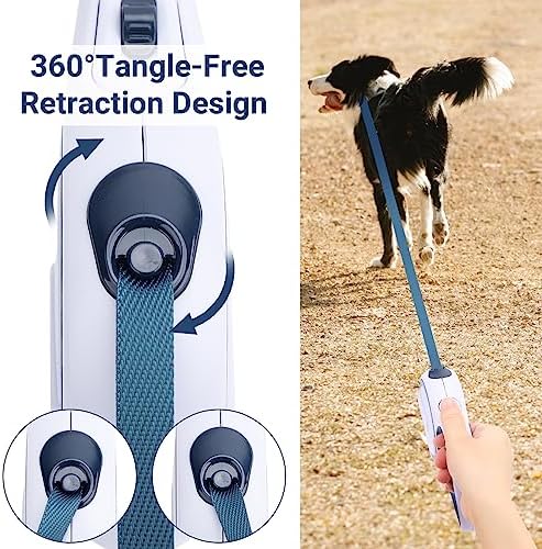 Segarty Extendable Leash, 16ft Heavy Duty Walking Dog Retractable Leash for Medium Small Dogs up to 44lb, Anti-Slip Handle 360°Tangle-Free Nylon Tape, One-Handed One Button Lock (Blue White)