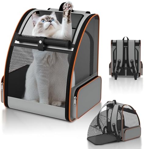 Cat Backpack Carrier Expandable for Outdoor - Foldable Cat Backpack with Breathable Mesh for Small Dog Puppy Kitten Up to 15 lbs - Soft Sided Pet Carrier for Travel Hiking Camping (Gray)