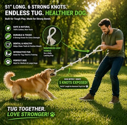 51" Extra Long Dog Rope Tug Toy with Loop Handle – 6-Knot Cotton Rope for Training, Tug-of-War & Interactive Play, Durable for Medium & Large Dogs, Indoor & Outdoor, Washable, White
