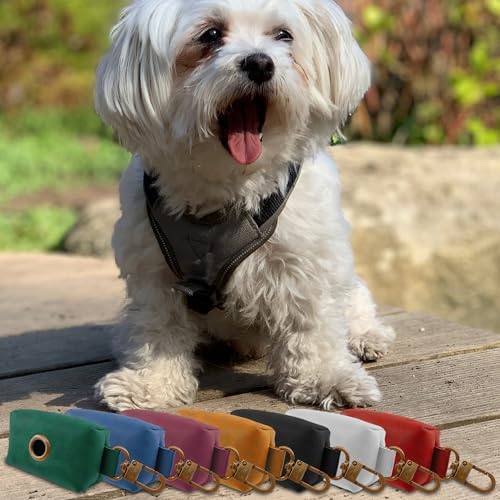 HIFA Genuine Leather Dog Waste Holder, Leash Attachable - Soft Touch Rustic Leather, Metal Clips and Easy Access to Pet Waste Bags - Dog Poop Dispenser for Outdoor Walking