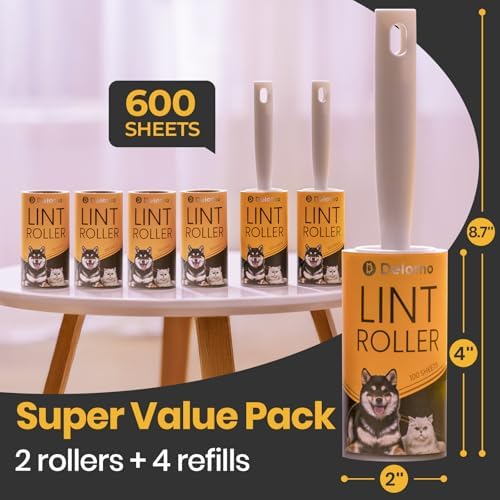 DELOMO Lint Roller for Pet Hair Extra Sticky, Mega Value Set of 600 Sheets