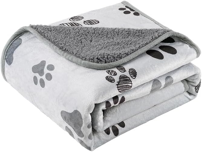 Waterproof Dog Blankets Pet Blanket 50"x60", Soft Fluffy Sofa Car Bed Protector, Reversible Sherpa Fleece Dog Blanket for Large Dogs(Light Grey-Paws)