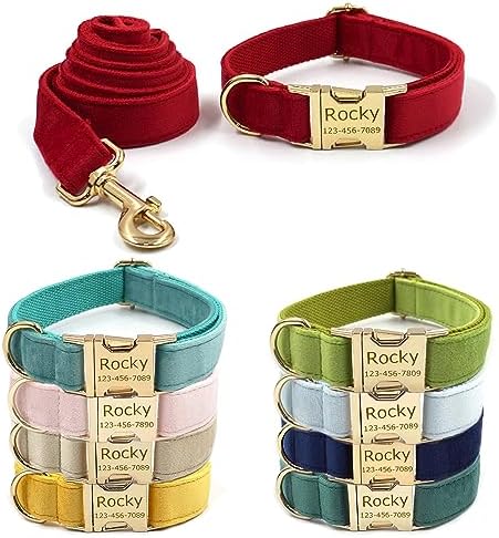 Custom Personalized Dog Collars with Pet Name/Phone Number Engraved Gold Metal Buckle - Adjustable Sizes Soft Thick Velvet Collar for Small Medium Large Dogs 4 Colors - Dog Leash and Bow Tie Available