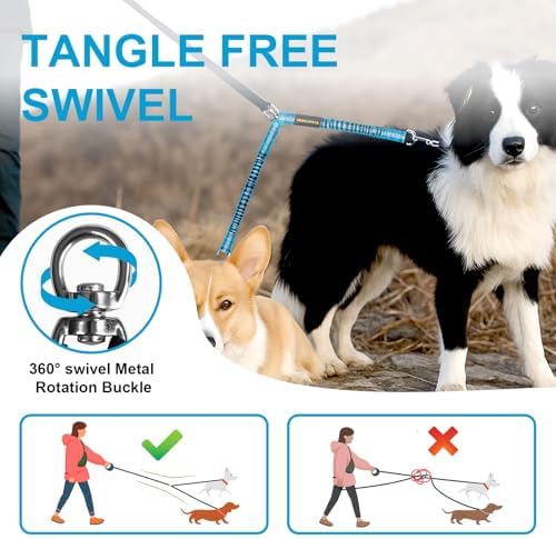 MingXpet 2 Dog Leash, Dog Leash for 2 Dogs, 360° Swivel No Tangle Double Walking Training Leashes for Large Dogs that Pull, Comfortable Shock Absorbing Reflective Bungee, Blue
