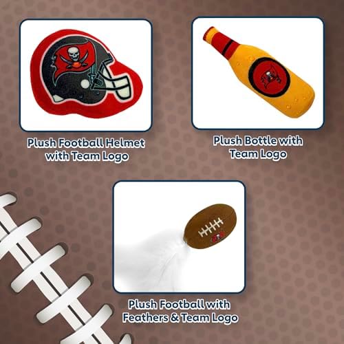 BEST PLUSH CAT TOY - NFL TAMPA BAY BUCCANEERS Complete Set of 3 piece Cat Toys filled with Fresh Catnip. Incld: 1 Helmet Cat Toy, 1 Football Cat Toy with Feathers & 1 Beer Bottle. Beautiful Team LOGOS