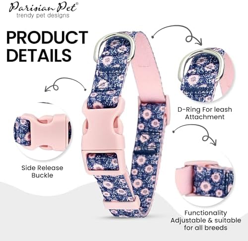 Parisian Pet Floral Dog Collar - Adjustable Midnight Blossoms Girl Pet Collar with Secure Buckle and Metal D-Ring - Comfortable Designer Puppy Collars - Durable Nylon Dog Collars for Small Dogs