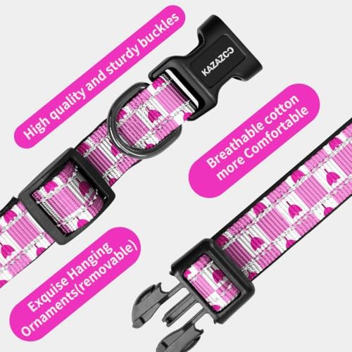 Kazazoo Large Dog Collar, Reflective Nylon Collar,No Pull,Heavy Duty Collar,Soft Neoprene Breathable & Quick Release Buckle Dog Collars for Labrador Retriever,Husky,Golden Retriever-Pink Flower-l