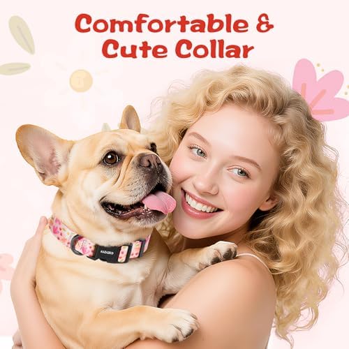 Kazazoo Dog Collar Cute and Soft Nylon Puppy Collar Girl Dogs, Adjustable Dog Collars for Medium Dogs, Pink Flowers-M