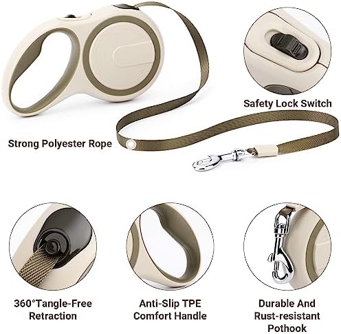 Segarty Retractable Leash Small Dog, 16ft Heavy Duty Walking Dog Leash for Medium Pet up to 44lb, Anti-Slip Handle 360°Tangle-Free Nylon Tape, One-Handed One Button Lock and Release (Khaki)