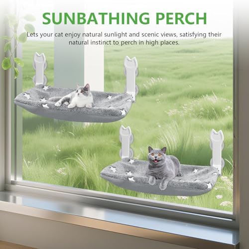 2 Pack Cat Window Perch, Glow in The Dark Foldable Cat Window Hammock with Sunken Design, Removable Soft Cover, Breathable Cordless Window Bed for Cats Inside Holds up to 40lbs (Star Grey)