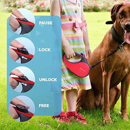 FurDreams Dog Lead - Retractable, Anti-Tangle Nylon Tape Leash Lock Button, Comfortable Handle, Multiple Sizes & Colours - 5m Extendable for Dogs Under Your Control! Heavy Duty Small Up to 15kg Red