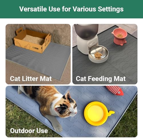 Cat Litter Mat, Large 32'' x 24'' Silicone Litter Box Mat for Litter Trapping, Waterproof, Non-Slip, Easy to Clean, Grey
