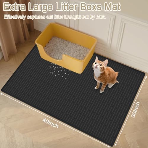 XXL Silicone Cat Litter Mat, 40"x30"(100cmx75cm) Extra Litter Box Mat for Floors, Non-Slip Litter Trapping Mat to Prevent Tracking, Easy to Clean Kitty Litter Catcher Mat, Durable, Dark Gray