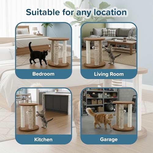 Cat Scratching Post - 3 Scratcher Posts with Carpeted Base Play Area and Perch - Furniture Scratching Deterrent for Indoor Cats by PETMAKER (Brown), Large